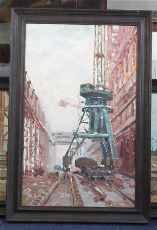 Nicolai Pavlovich Tolkounov (1917-1996) Industrial scene 31 x 19in.